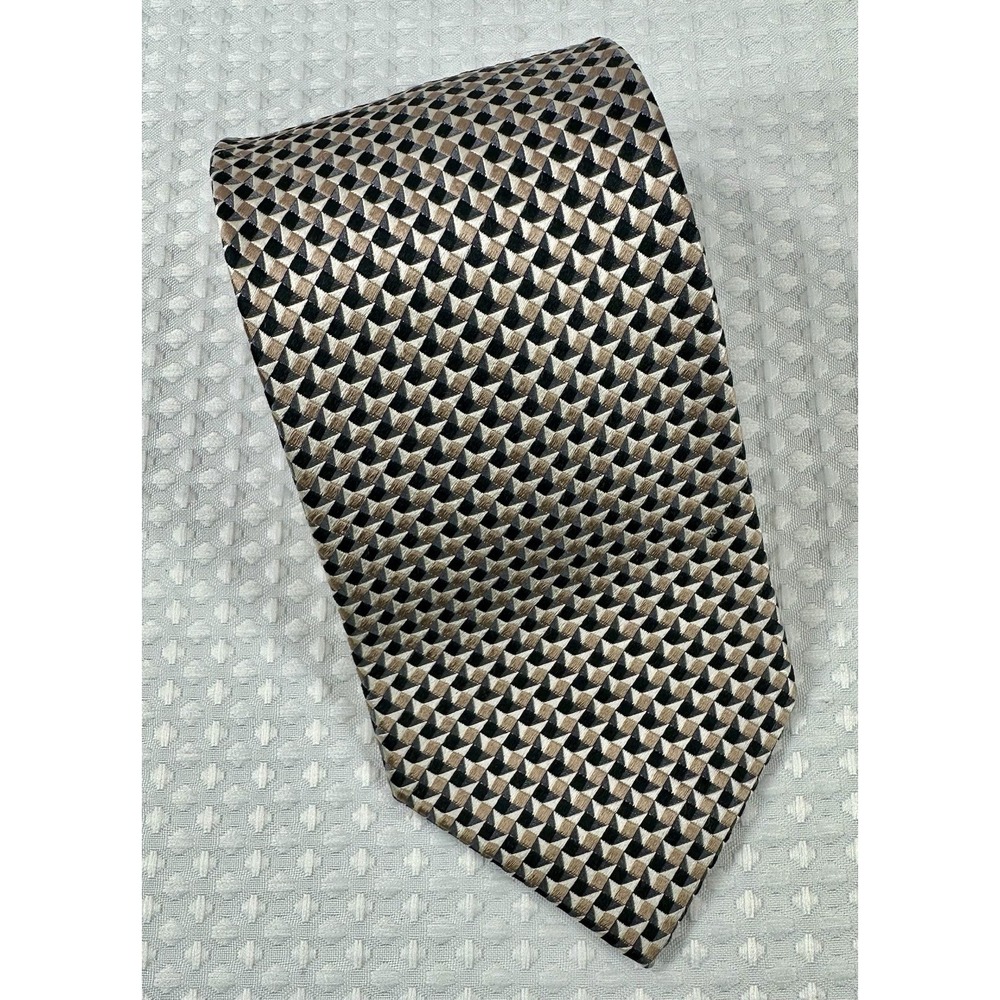 Geoffrey Beene Silk Tie Geometric Tan Black Pattern Classic 4" Wide Necktie
